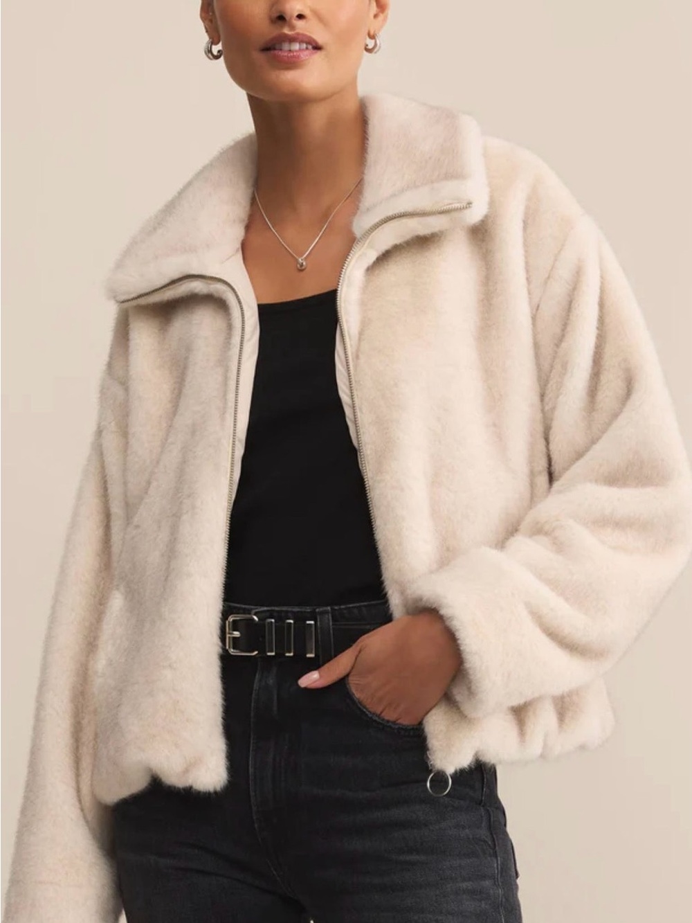 Z Supply Cream Plush Faux-Fur Zip Jacket